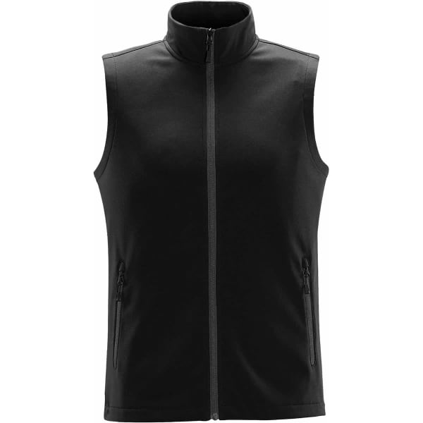 A black softshell vest with a high collar and two zippered pockets. It features a logo on the front.