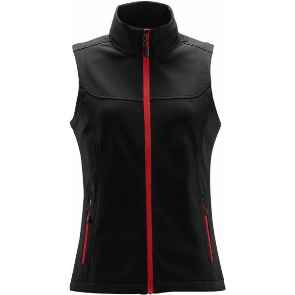 A black women's vest with red zippers, featuring a high collar and zippered pockets. It has a logo on it.