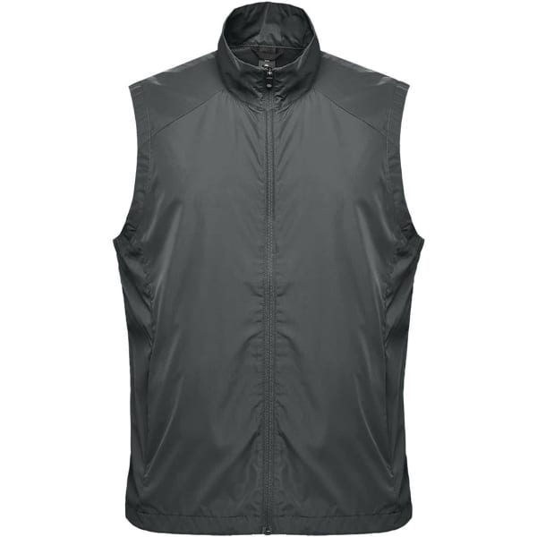 A dark green sleeveless vest with a high collar, featuring a front zip and a logo on the chest.