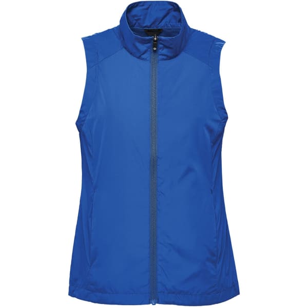 A sleeveless vest in vibrant blue with a high collar and front zip, featuring a branding logo.