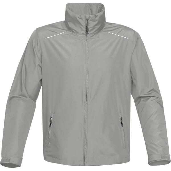 A grey soft shell jacket featuring a stand-up collar and zippered pockets, with a logo on the chest.