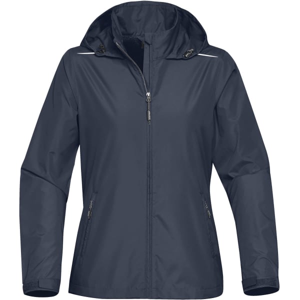 A women's soft shell jacket in black with a hood, featuring zippered pockets and a logo.