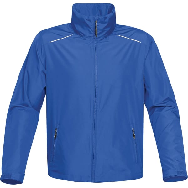A blue men's soft shell jacket featuring a zip front, high collar, and reflective detailing. It has two side pockets and a logo.