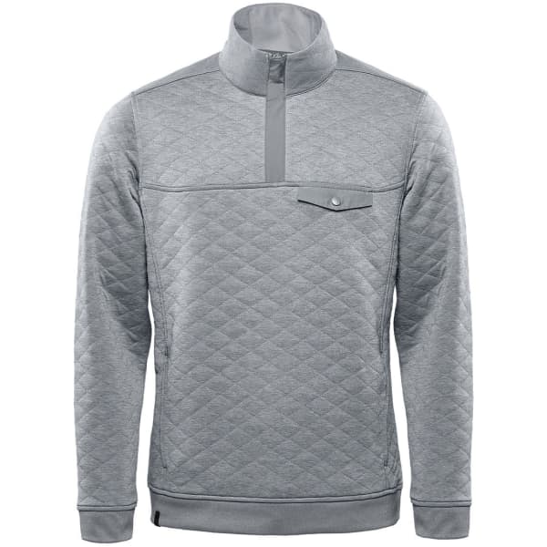 A light grey men's pullover with a 1/4 zip, featuring a quilted pattern and a small chest pocket.