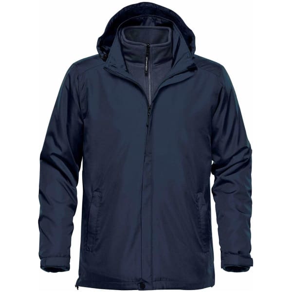 A navy blue men's Nautilus 3 in 1 jacket with a removable hood and inner layer, featuring a logo.