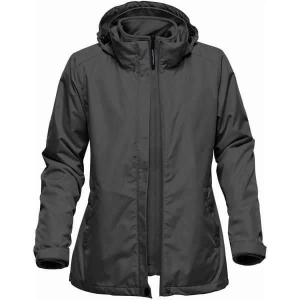 A women's 3-in-1 jacket in dark grey featuring a hood and adjustable front zip, with a logo present.