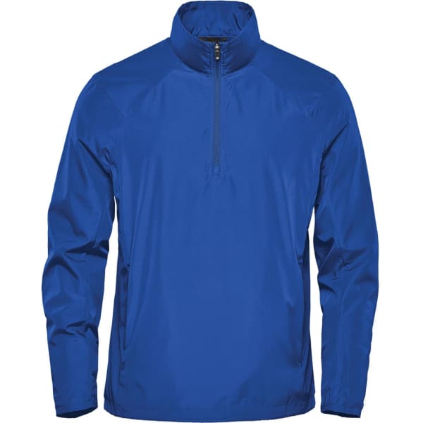A blue 1/4 zip anorak jacket with a high collar and one logo, designed for rain protection.