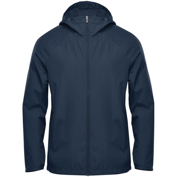 A navy rain jacket featuring a hood and a zip front, with a branding logo on it.