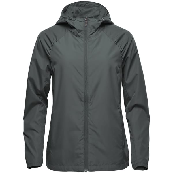 A women's jacket in dark green with a hood and a zip front, featuring a logo on the chest.