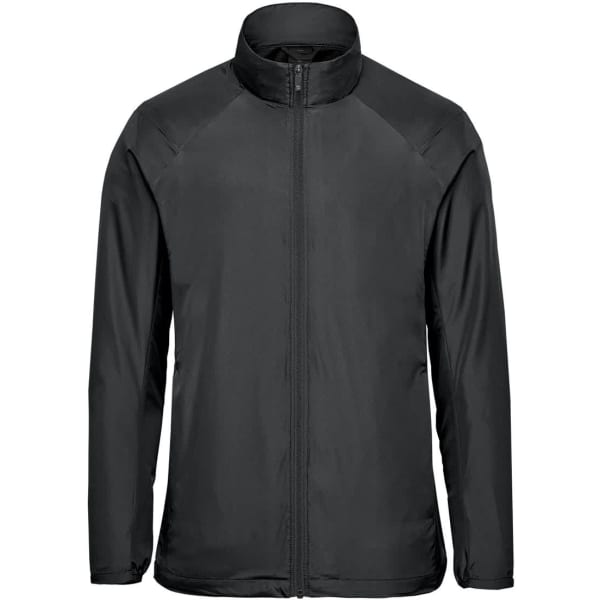 A black full-zip jacket with a stand-up collar and a brand logo on the chest.