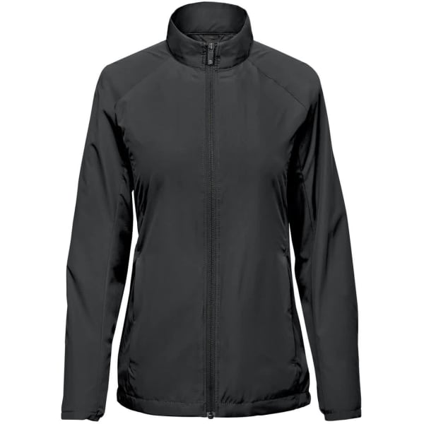 A black women's full zip jacket with a high collar, featuring long sleeves and a zip front. Includes a logo.