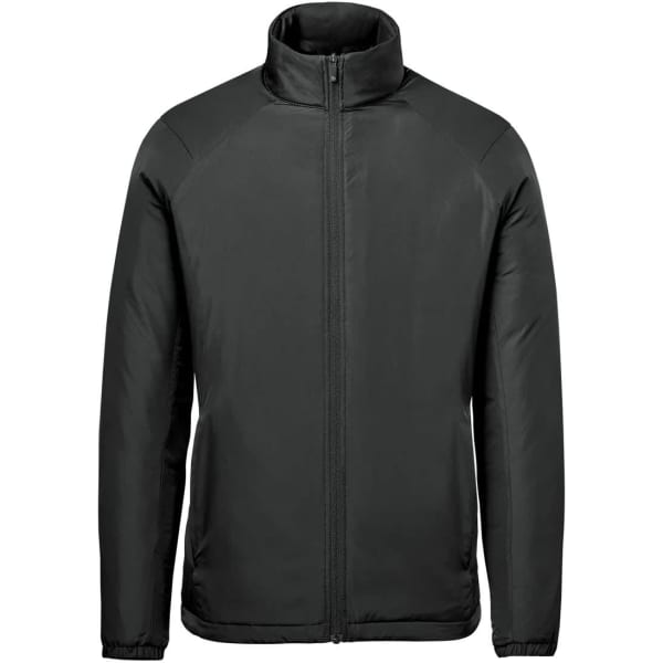 A men's thermal jacket in black, featuring a zip front and a high collar, with a logo on the chest.
