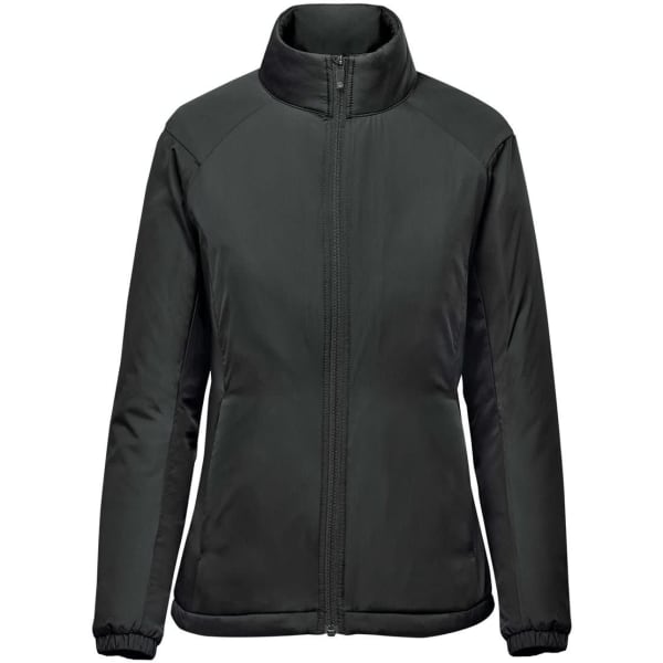 A women's thermal jacket in black with a zippered front and high collar, featuring a sleek design and fitted silhouette.
