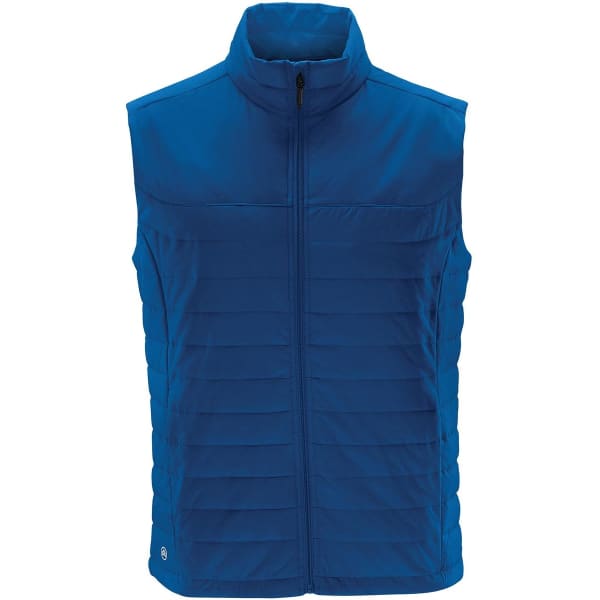 A blue quilted vest with a high collar and a front zip, featuring a logo on the lower edge.