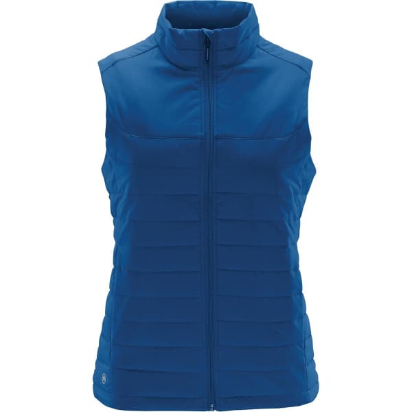 A blue quilted vest with a high collar and zip front, featuring a logo on the lower side.