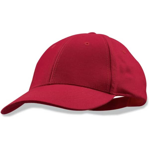 A red brushed cotton cap with a curved peak and an adjustable strap at the back. Features a logo.