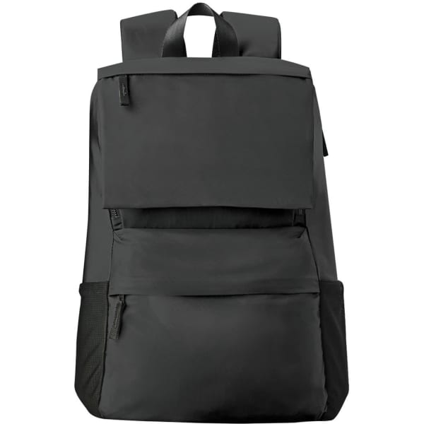 A black backpack featuring multiple pockets and a sleek design, with a logo present on the front.
