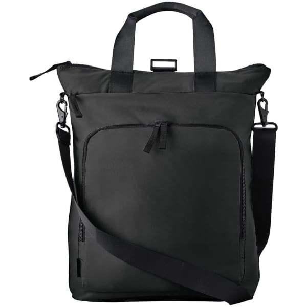 A black tote backpack with adjustable straps, a top handle, and a zippered front pocket.