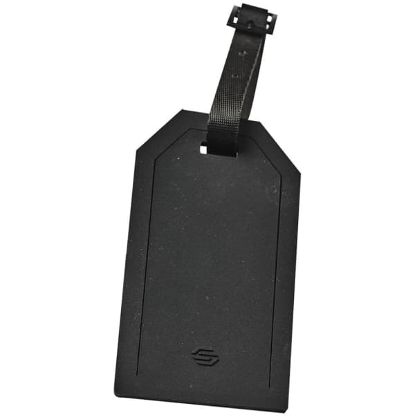 A black luggage tag with a textured surface and a strap for attachment, featuring a logo on one side.
