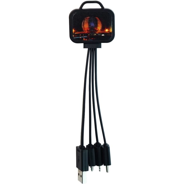 A 3 in 1 LED charging cable in black with multiple connectors, featuring a design on the main body and a logo.