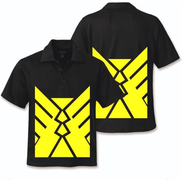 A black polo shirt featuring a bold yellow geometric design. The shirt includes a collar and has branding.
