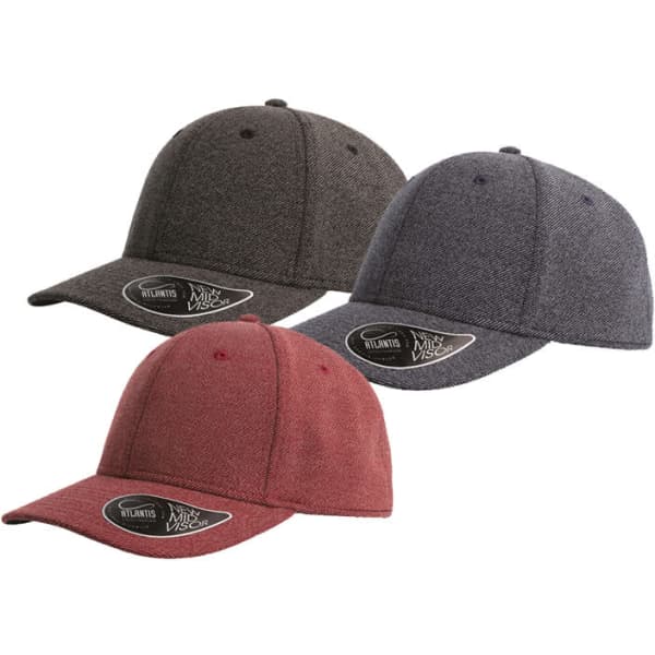 Three Atlantis Loop Caps in grey, dark grey, and maroon, each featuring a logo on the side.