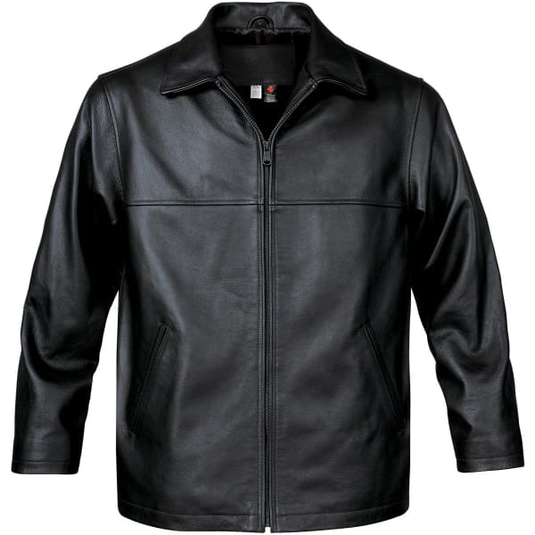A black classic leather jacket featuring a front zip, collar, and side pockets, with a logo on the inside.