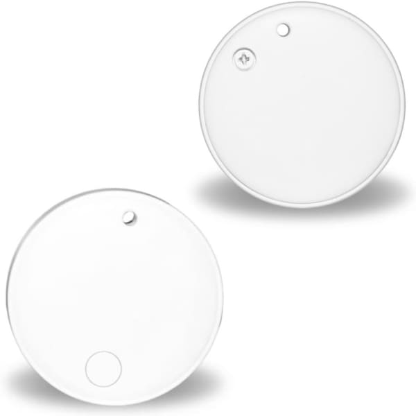A circular clear luggage tracker tag featuring a hole for attachment, displayed from two angles.