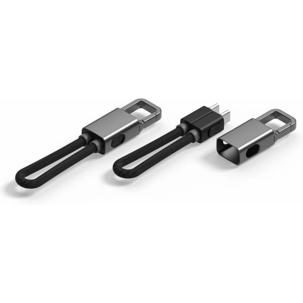 A sleek, metallic carabiner USB cable in black, featuring a stylish braided design and a logo.