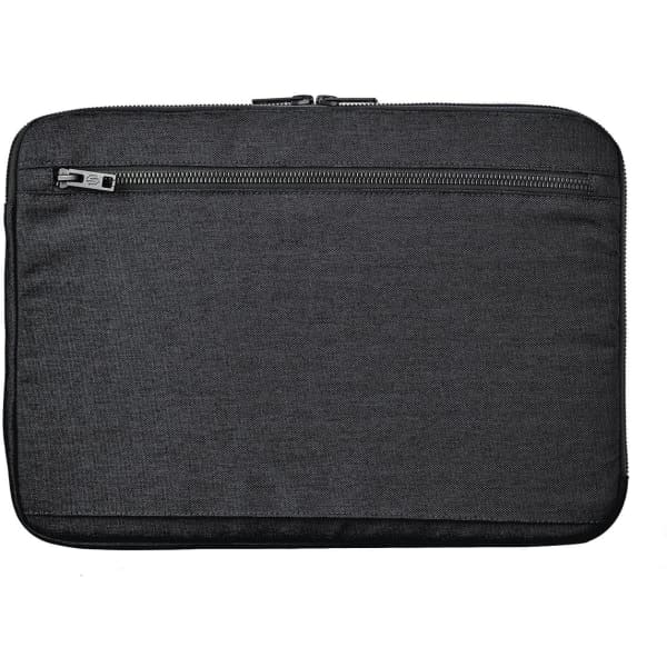A black laptop sleeve with a zippered pocket, designed for a 14-inch laptop. It features a simple, sleek design.