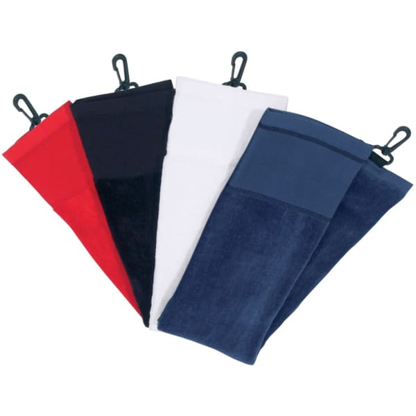 Four golf towels in red, black, white, and navy, featuring a clip for attachment. Each towel has a smooth and textured section.