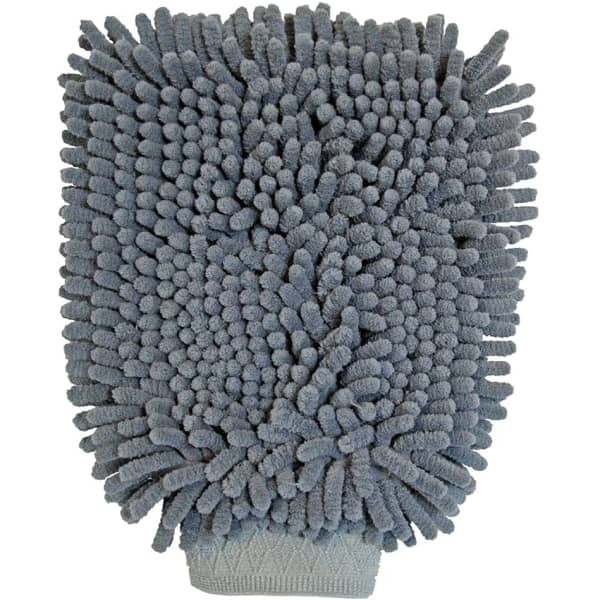 A microfibre cleaning mitt in light grey with textured surface for effective cleaning. Suitable for various surfaces.