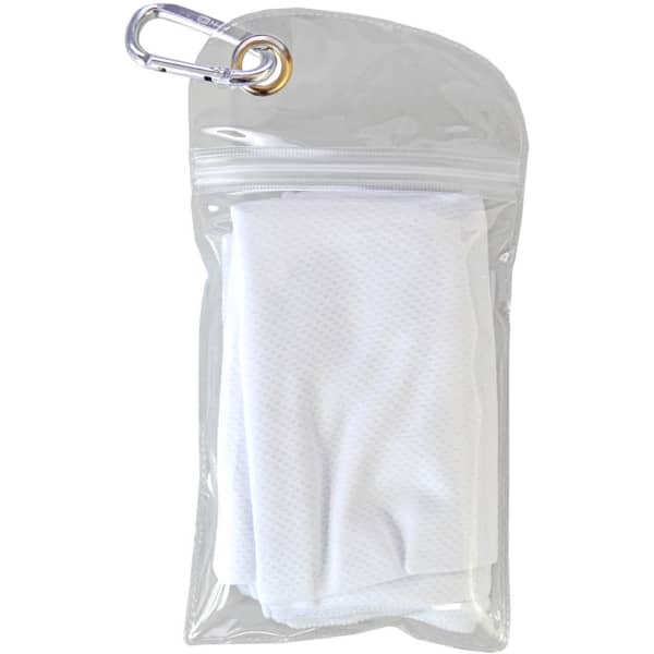 A white cooling towel folded inside a clear zippered pouch with a metal carabiner attached.