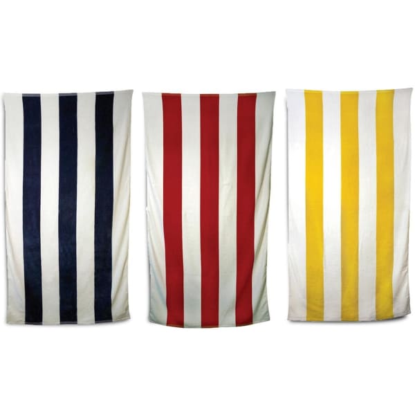 Three striped beach towels in navy blue, red, and yellow, with a logo present on the towels.
