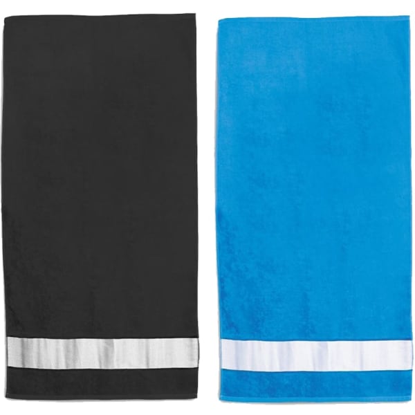 Two cooling towels in black and blue, each featuring a striped design at the bottom. Each towel has a branding logo.