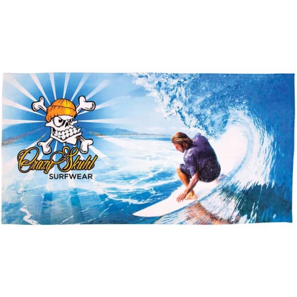 A beach towel featuring a vibrant surf scene and a logo, predominantly in blue and white colours.