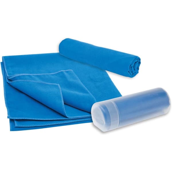 A blue sports towel and a transparent container, featuring rolled and unfolded towels in vibrant blue.