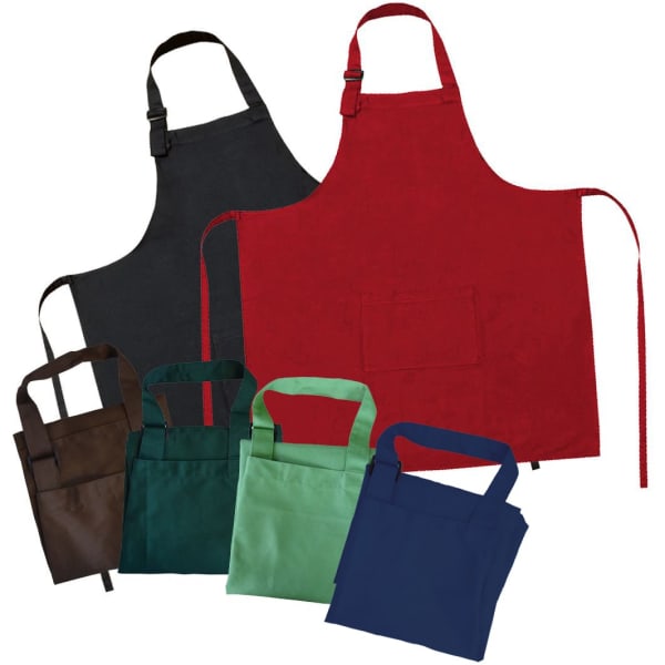 A collection of Prostaff Bib Aprons in black, red, brown, green, and navy, each with a logo and adjustable straps.