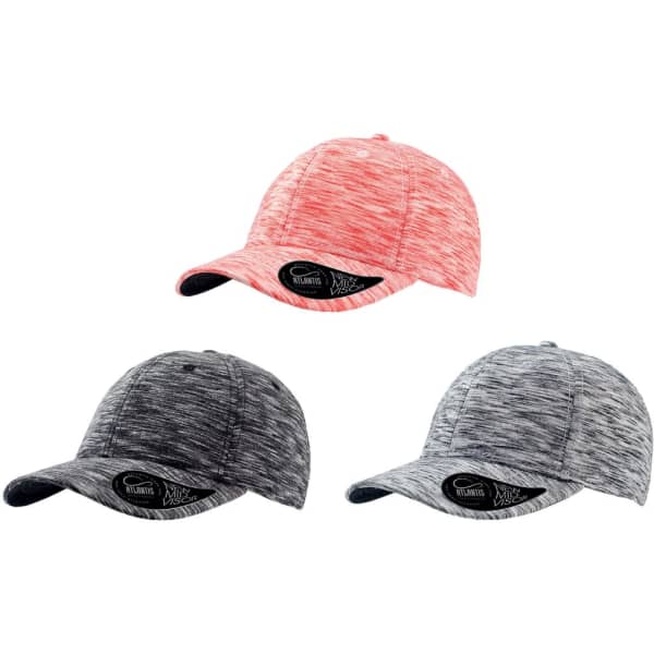 A cap display featuring three colour options: red, black, and grey with a logo on the front.