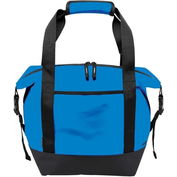 A blue cooler bag with black accents featuring two handles and a zippered opening, along with a logo.