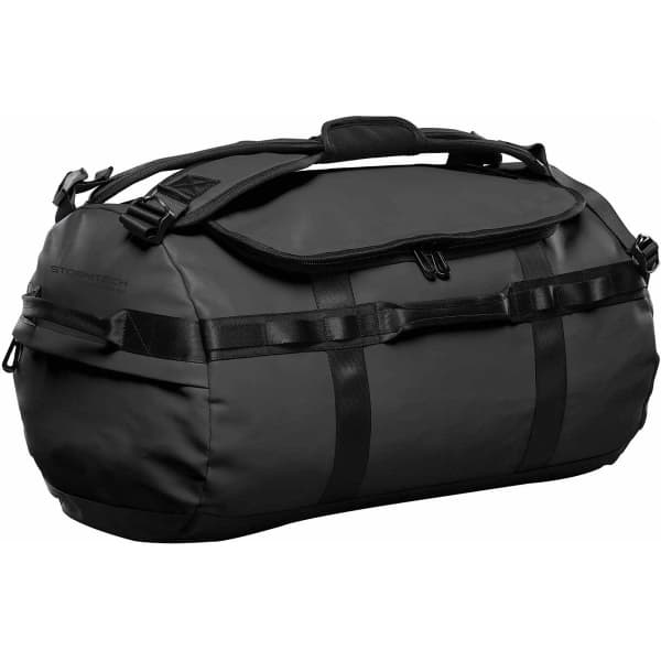 A black duffle bag with adjustable straps and a handle, featuring a secure closure and a logo.