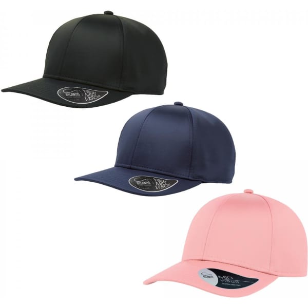 Three caps in dark green, navy blue, and pink, each featuring a logo on the side.