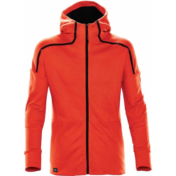 A bright orange thermal hoody with a zip front, featuring black accents and a logo on the lower section.