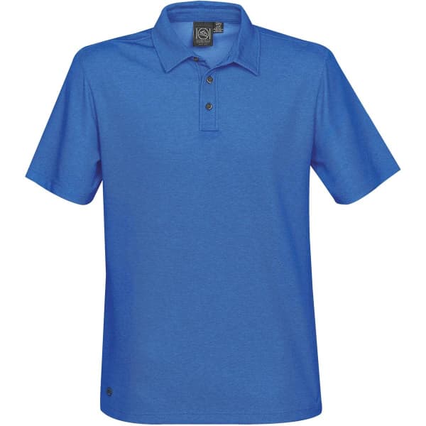 A blue men's polo shirt featuring a three-button placket and a logo on the hem.