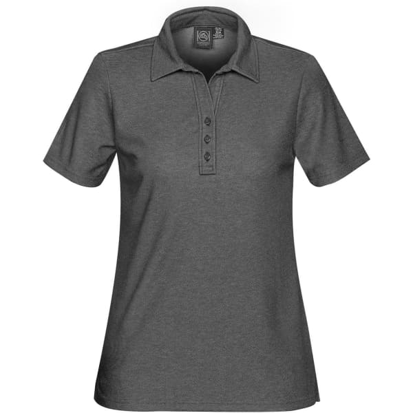 A women's polo shirt in dark grey featuring a collar, short sleeves, and a buttoned placket. It has a logo.