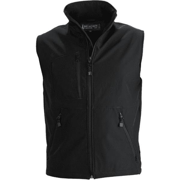 A black men's softshell vest featuring a high collar and multiple zippered pockets. It has a logo on the inside.