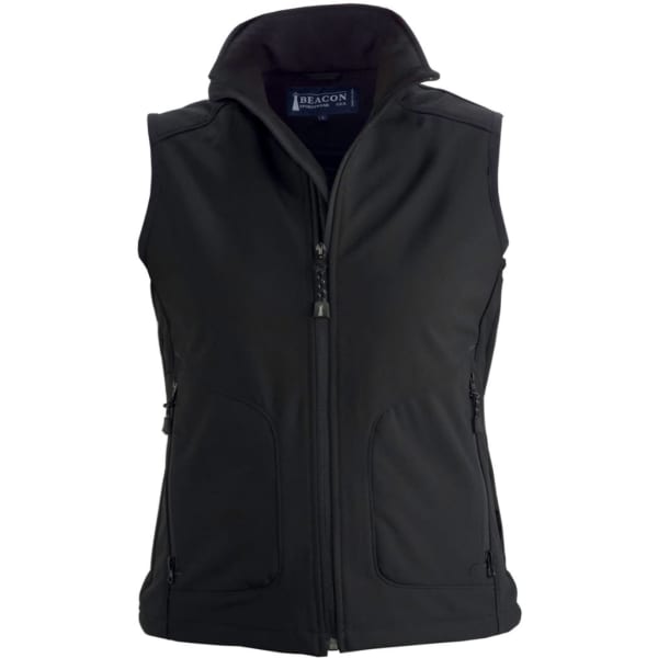 A black softshell vest with a high collar, zip front, and side pockets, featuring a logo.