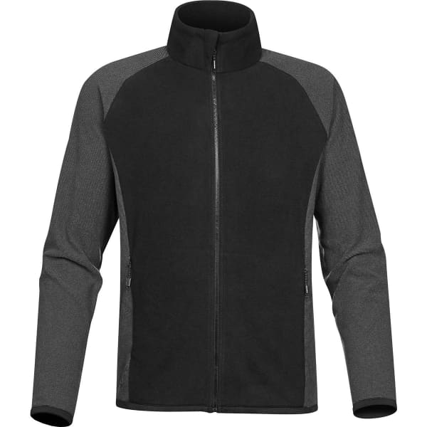 A black and grey men's microfleece jacket featuring a zip front and pockets, with a logo on the chest.