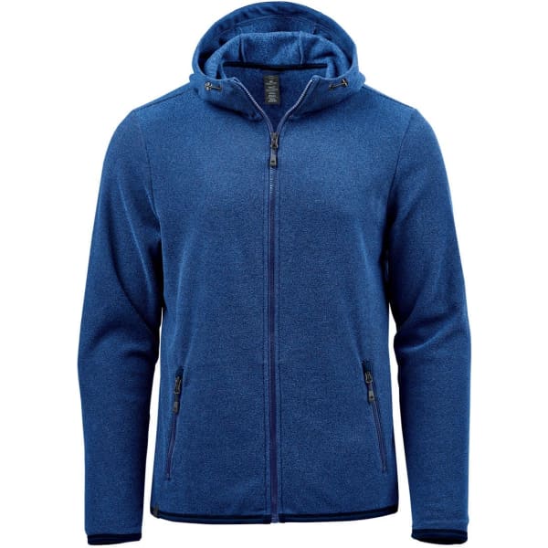 A blue full zip hoodie featuring a hood and zippered pockets. It has logo branding on the design.