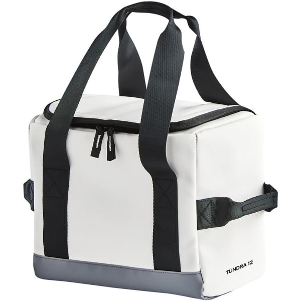 A white cooler bag with black handles, featuring a grey bottom, designed for up to 12 cans, with a logo.